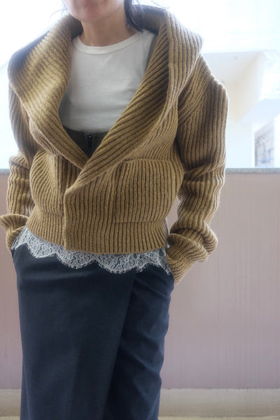 SHETLAND RIB STITCH HOODED CARDIGAN